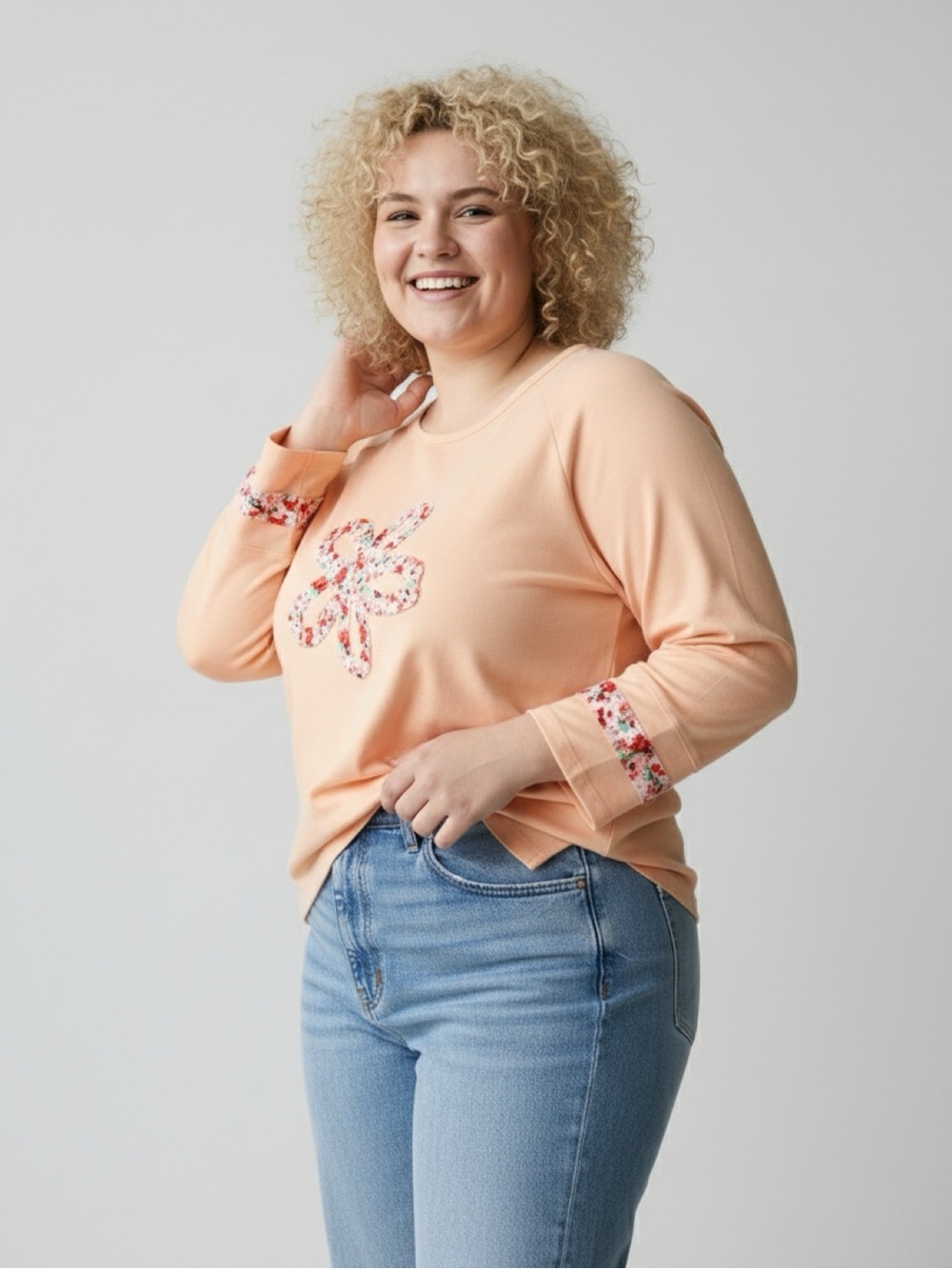 Peach Floral Appliqué Long-Sleeve Top